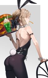 1girl absurdres animal_ears artoria_pendragon_(fate) ass back bare_shoulders black_leotard blonde_hair braid breasts brown_pantyhose burger cup detached_collar fake_animal_ears fake_tail fate/stay_night fate_(series) food hair_bun hair_ribbon highleg highleg_leotard highres leotard long_hair looking_at_viewer looking_back maririri111 medium_breasts melon_soda mouth_hold oversized_food oversized_object pantyhose playboy_bunny rabbit_ears rabbit_tail revision ribbon saber_alter sidelocks tail tray wrist_cuffs yellow_eyes