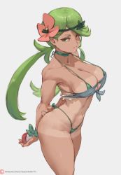 1girl arm_behind_back ass back bare_back bikini black_bikini breasts cleavage cloud covered_erect_nipples cowboy_shot curvy cutesexyrobutts dark-skinned_female dark_skin day eyelashes female_focus flower green_bikini green_eyes green_hair hair_flower hair_ornament highleg highleg_swimsuit highres hip_focus huge_ass large_breasts light_smile long_hair looking_at_viewer looking_back looking_down mallow_(pokemon) micro_bikini narrow_waist navel nintendo nipples no_bra panties parted_lips poke_ball poke_ball_(basic) pokemon pokemon_sm ponytail pulling_own_clothes reversed shirt sideboob smile solo string_pull swept_bangs swimsuit tan tanline thick_thighs thighs thong thong_bikini toned trial_captain twintails underboob underwear very_long_hair watermark web_address wedgie wide_hips