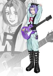 Rule 34 | 1boy, black gloves, boots, gen 1 pokemon, gen 8 pokemon, gloves, green eyes, growlithe, guitar, highres, instrument, james (pokemon), looking at viewer, morpeko, nintendo, pokemon, pokemon (anime), pokemon (classic anime), pokemon (creature), purple hair, rock, team rocket, team rocket uniform, white background, yunu neko