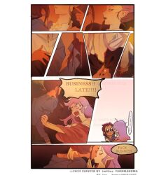 2girls alternate_costume amity_blight blush brown_hair closed_eyes dark-skinned_female dark_skin ear_blush earrings english_text french_kiss jewelry kiss kissing_neck kuma20151225 luz_noceda multiple_girls pointy_ears profanity purple_hair the_owl_house unzipping yuri