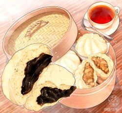 artist_logo bamboo_steamer steamed_bun commentary_request cup dated dumpling food food_focus logo no_humans ooranokohaku original saucer spoon still_life table tea teacup wooden_table
