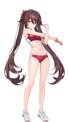 1girl :q absurdres blush bracelet breasts brown_hair closed_mouth commentary crop_top flower-shaped_pupils foka_(beginner) full_body genshin_impact hair_between_eyes highres hu_tao_(genshin_impact) jewelry long_hair looking_at_viewer navel pearl_bracelet red_eyes shoes small_breasts socks solo standing stomach sweat symbol-shaped_pupils tongue tongue_out twintails very_long_hair white_background white_shoes white_socks