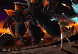 1girl angry arm_up battle bow brown_hair coat collar dress drill_hair el-seibzehn full_body green_eyes hair_ribbon highres long_hair maria_balthasar mecha night no~ma open_mouth ribbon robot rock seibzehn shoes star_(symbol) sunset white_dress xeno_(series) xenogears