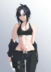 1girl abs angelia_(girls&#039;_frontline) black_hair breasts cleavage girls&#039;_frontline medium_breasts navel neoguri pants scar tagme