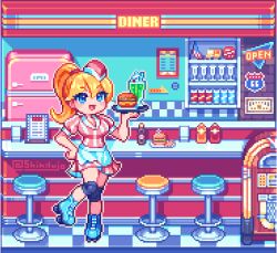 1girl :d american_flag apron bar_counter bar_stool blonde_hair blue_eyes burger can commentary_request cup diner dress drinking_glass english_text food full_body hand_on_own_hip holding holding_tray indoors jukebox ketchup_bottle knee_pads menu mustard_bottle open_mouth original pink_dress pixel_art ponytail puffy_short_sleeves puffy_sleeves refrigerator road_sign roller_skates route_66 shinku_castle short_sleeves sign skates smile soda soda_bottle solo stool striped_clothes striped_dress tray vertical-striped_clothes vertical-striped_dress waist_apron waitress white_dress