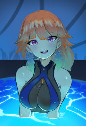 1girl breasts earrings feather_earrings feathers gradient_hair green_hair highres hololive hololive_english jewelry large_breasts looking_at_viewer multicolored_hair official_alternate_costume open_mouth orange_hair partially_submerged perfume_(takanashi_kiara) pool purple_eyes ryness solo takanashi_kiara takanashi_kiara_(perfume) virtual_youtuber water