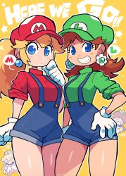 2girls absurdres blonde_hair blue_eyes blue_overalls brown_hair commentary cosplay costume_switch crossdressing crown earrings english_commentary english_text facial_hair flipped_hair flower_earrings gloves green_hat green_shirt grin hat highres jewelry looking_at_viewer luigi luigi_(cosplay) mario mario_(cosplay) mario_(series) medium_hair multiple_girls mustache nintendo overall_shorts overalls ponytail princess_daisy princess_peach rariatto_(ganguri) red_hat red_shirt shirt short_sleeves smile speech_bubble sphere_earrings teeth white_gloves yellow_background