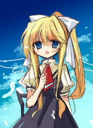 Rule 34 | 1girl, absurdres, air (visual novel), ascot, black dress, blonde hair, blue eyes, dress, hair ribbon, highres, kamio misuzu, long hair, long sidelocks, mameguri, open mouth, ponytail, red ascot, ribbon, shirt, sidelocks, solo, yellow shirt