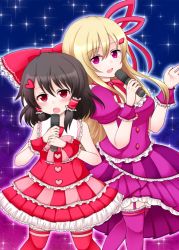 2girls bare_shoulders black_hair blonde_hair blush bow breasts cleavage flat_chest frilled_skirt frills hair_bow hair_ornament hair_ribbon hair_tubes hakurei_reimu heart heart_hair_ornament long_hair looking_at_viewer medium_breasts microphone multiple_girls music open_mouth puffy_short_sleeves puffy_sleeves purple_eyes purple_legwear purple_skirt red_bow red_eyes red_legwear red_skirt ribbon shiohachi short_sleeves singing skirt sleeveless smile sparkle_background standing thighhighs touhou wrist_cuffs yakumo_yukari