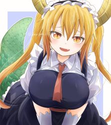 1girl ascot blush breasts dragon_girl dress elbow_gloves fang gloves highres kobayashi-san_chi_no_maidragon large_breasts long_hair looking_at_viewer maid maid_headdress orange_eyes orange_hair outside_border peke_peke_s pinafore_dress red_ascot sleeveless sleeveless_dress slit_pupils tohru_(maidragon) twintails