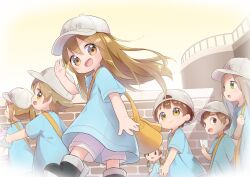Rule 34 | 3boys, 4girls, :d, absurdres, bag, baseball cap, black footwear, blue shirt, brick wall, brown eyes, brown hair, commentary request, green eyes, grey hair, hand up, hat, hataraku saibou, highres, long hair, looking at viewer, multiple boys, multiple girls, nipeira, open hand, open mouth, outdoors, platelet (hataraku saibou), ponytail, red eyes, shirt, short sleeves, shorts, shoulder bag, sidelocks, smile, t-shirt, tareme, vignetting, white hat, white shorts, yellow bag