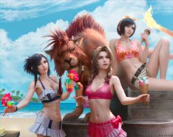 1boy 3girls aerith_gainsborough aerith_gainsborough_(pink_mermaid) bare_legs beach bikini bikini_skirt bikini_top_only black_hair blue_sky bow breasts brown_hair cleavage cocktail_glass cup drinking drinking_glass drinking_straw final_fantasy final_fantasy_vii final_fantasy_vii_rebirth final_fantasy_vii_remake flame-tipped_tail floral_print_bikini frilled_bikini frills hair_bow highres honeybunny-art ice_cream_cone multiple_girls ocean official_alternate_costume official_alternate_hairstyle pink_bikini red_fur red_hair red_xiii short_shorts shorts sitting sky swimsuit tifa_lockhart tifa_lockhart_(shining_spirit) toned toned_female white_bikini white_shorts yuffie_kisaragi yuffie_kisaragi_(summer_orange)