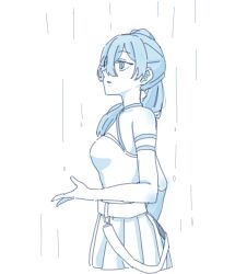 1girl absurdres bare_shoulders blue_theme breasts dress hair_between_eyes highres long_hair monochrome parted_lips pleated_dress rain seila_rei side_ponytail simple_background small_breasts solo sousou_no_frieren ubel_(sousou_no_frieren) white_background