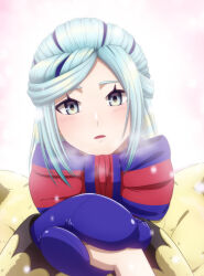 1boy 1girl arice487 blue_eyes blue_hair blue_mittens blue_scarf breath commentary_request creatures_(company) eyelashes game_freak grusha_(pokemon) highres holding_hands jacket long_sleeves looking_at_viewer male_focus mittens nintendo open_mouth outdoors pokemon pokemon_sv scarf snowing striped_clothes striped_scarf yellow_jacket
