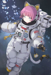 Rule 34 | 1girl, animal ear headphones, animal ears, astronaut, baggy clothes, bespin, black gloves, blue eyes, blunt bangs, cable, cable tail, cat charm, cat ear headphones, fake animal ears, foot out of frame, gloves, headphones, highres, jumpsuit, mechanical tail, original, pink hair, saturn symbol, short hair, space, spacesuit, swept bangs, tail, tassel, twitter username, white jumpsuit, zero gravity