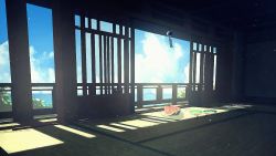 architecture cloud day east_asian_architecture food fruit hand_fan highres horizon leaf original railing rural scenery shadow shizui_fen sky summer sunlight veranda water watermelon wooden_beam wooden_railing