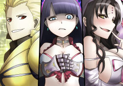 1boy 2girls black_hair blonde_hair blue_eyes blunt_bangs breasts chikiji_(chickchickjo) choker cleavage commentary_request detached_sleeves earrings facial_mark fate/grand_order fate_(series) forehead_mark frown gauntlets gilgamesh_(fate) grey_choker half-closed_eye highres jewelry large_breasts martha_(fate) martha_(swimsuit_ruler)_(fate) martha_(swimsuit_ruler)_(third_ascension)_(fate) medium_breasts multiple_girls purple_hair red_eyes sessyoin_kiara sideboob smile sparkle textless_version veil wavy_mouth white_veil yellow_eyes