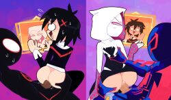 2boys 2girls absurdres age_difference ass black_bodysuit black_cardigan black_hair black_pants black_sweater blue_bodysuit bodysuit cardigan censored clothes_pull cowlick dark-skinned_male dark_skin grabbing_another&#039;s_ass gradient_background groping hair_ornament hand_on_another&#039;s_ass hand_on_another&#039;s_back hands_up highres hologram holographic_monitor hood hooded_bodysuit implied_cheating_(relationship) marvel mask medium_hair miguel_o&#039;hara miles_morales miscon mosaic_censoring multicolored_bodysuit multiple_boys multiple_girls narrowed_eyes nervous nervous_smile no_panties no_pupils o_o open_mouth pants pants_pull peni_parker penis red_stripes screen sex sex_from_behind shirt smile spider-gwen spider-man:_into_the_spider-verse spider-man_(2099) spider-man_(miles_morales) spider-man_(series) spider-verse spider_web_print sweat sweater toon_(style) torn_bodysuit torn_clothes vaginal white_bodysuit white_shirt white_undershirt wide-eyed wide_oval_eyes x_hair_ornament