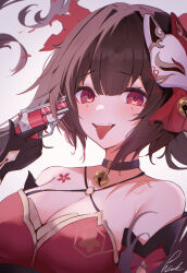1girl absurdres bare_shoulders bell black_choker black_gloves breasts brown_hair choker cleavage criss-cross_halter detached_sleeves dress facial_mark gloves gun halterneck handgun highres holding holding_gun holding_weapon honkai:_star_rail honkai_(series) jingle_bell large_breasts looking_at_viewer mark_under_both_eyes mask mask_on_head pisuke_(user_kcmh2774) red_dress revolver smile solo sparkle_(honkai:_star_rail) tongue tongue_out upper_body weapon