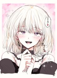 1girl absurdres bang_dream! bang_dream!_it&#039;s_mygo!!!!! blonde_hair blush commentary doloris_(bang_dream!) emilio_(tetsukazu_no_ao) highres looking_at_viewer medium_hair misumi_uika open_mouth own_hands_together purple_eyes solo teeth translated upper_body upper_teeth_only