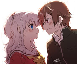 Rule 34 | 1boy, 1girl, 2020, backlighting, blue eyes, blush, bow, brown eyes, brown hair, charlotte (anime), close-up, closed mouth, commentary request, dated, eye contact, from side, frown, grey hair, hair between eyes, hetero, hoshinoumi academy school uniform, long hair, looking at another, misaki juri, otosaka yuu, partial commentary, profile, red shirt, sailor collar, school uniform, serafuku, shirt, short hair, shy, sidelocks, simple background, sweatdrop, tomori nao, two side up, v-shaped eyebrows, white background, white sailor collar, wide-eyed, yellow bow