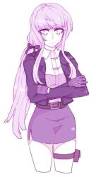 1girl bad_deviantart_id bad_id belt belt_bag belt_buckle blazer blunt_bangs buckle closed_mouth collared_jacket collared_shirt cropped_legs crossed_arms danganronpa_(series) danganronpa_3_(anime) evilstep expressionless eyelashes gloves hair_ribbon jacket kirigiri_kyoko lapels light_frown long_hair long_sleeves looking_at_viewer loose_hair_strand low_ponytail miniskirt monochrome notched_lapels open_clothes open_jacket pencil_skirt ponytail purple_bag purple_belt purple_eyes purple_gloves purple_hair purple_jacket purple_ribbon purple_skirt purple_theme ribbon shirt sidelocks simple_background skirt solo standing studded_gloves thigh_belt thigh_strap thighhighs very_long_hair white_background white_shirt white_thighhighs
