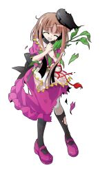 1girl alphes_(style) apron black_hat black_socks blush brown_hair capelet commentary_request dairi damaged defeat dress full_body hat holding kneehighs leaf long_hair mary_janes myouga_(plant) nishida_satono open_mouth parody puffy_short_sleeves puffy_sleeves purple_dress purple_eyes purple_shoes red_ribbon ribbon shoes short_sleeves sidelocks socks solo standing style_parody tachi-e tassel tate_eboshi tears torn_clothes torn_dress touhou transparent_background waist_apron white_apron white_capelet
