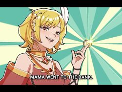 Rule 34 | 1girl, bare shoulders, blonde hair, breasts, brown dress, citrinne (fire emblem), coin, dress, earrings, english text, fire emblem, fire emblem engage, gold choker, gold trim, hair ornament, holding, holding coin, hoop earrings, jewelry, leather wrist straps, looking at viewer, mismatched earrings, mnejing30, nintendo, red eyes, small breasts, smile, solo, wing hair ornament