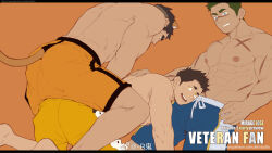 Rule 34 | 3boys, abs, agony (ahr studio), alca (wakatanka4), all fours, animal ears, artist collaboration, artist request, bara, black hair, facial hair, flat color, from below, group sex, highres, large pectorals, lion boy, lion ears, lion tail, male focus, masayoshi togashi (alu379), mmm threesome, multiple boys, muscular, muscular male, nipples, original, paid reward available, pectorals, sanpaku, scar, short hair, short shorts, shorts, sideburns, sideburns stubble, stubble, tail, thick eyebrows, threesome, topless male, yaoi