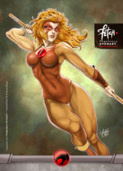 1girl 2015 arm_guards breasts cheetara dated deviantart_username female_focus fighting_stance franciscoetchart insignia large_breasts leotard lips long_hair muscular muscular_female realistic signature solo spanish_text staff thundercats toned watermark