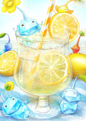 &gt;_&lt; air_bubble arms_up artist_name blue_pikmin bubble bud closed_eyes commentary_request cup dated drink drinking_glass drinking_straw flower food fruit ice_pikmin kumaoka_pon leaf lemon lemon_slice lemon_squash lemonade lying nintendo no_humans o_o on_side open_mouth partially_submerged pikmin_(creature) pikmin_(series) pikmin_4 pixiv_id red_pikmin sitting triangle_mouth twitter_username watermark white_flower yellow_flower yellow_pikmin