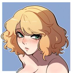 1girl artist_name blonde_hair blue_background border collarbone commentary elden_ring english_commentary freckles green_eyes heart heart-shaped_pupils highres kinkymation lips looking_at_viewer nude parted_lips pink_lips roderika_(elden_ring) short_hair simple_background solo symbol-shaped_pupils upper_body white_border