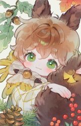 :3 animal_ears berry blush brown_hair chestnut child closed_mouth conago copyright_request green_eyes holding_own_tail hugging_own_tail hugging_tail looking_at_viewer pine_tree pinecone short_hair smile tail tree white_background