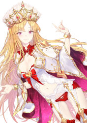 1girl bare_shoulders blonde_hair blush breasts cleavage coffeekite crown europa_(fate) fate/grand_order fate_(series) highres large_breasts long_hair looking_at_viewer purple_eyes smile solo thighs very_long_hair