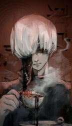 Rule 34 | 1boy, black mask, black nails, black shirt, closed mouth, commentary request, cup, flower, flower request, highres, holding, holding cup, holding plate, hugudoku415, kaneki ken, leather mask, long bangs, looking down, male focus, nose, pale skin, plate, red background, red eyes, red flower, shirt, short hair, solo, spilling, steam, teeth, tokyo ghoul, translation request, turtleneck, white hair