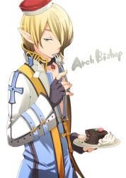 1boy arch_bishop_(ragnarok_online) biretta black_gloves blonde_hair blue_coat cake character_name closed_mouth coat commentary_request cropped_jacket cross cross_necklace eating fingerless_gloves food fork gloves green_eyes hair_over_one_eye hat holding holding_fork holding_plate jacket jewelry long_sleeves looking_at_viewer lowres male_focus mere_(enya) necklace plate pointy_ears poporing poring ragnarok_online red_hat short_hair simple_background solo upper_body whipped_cream white_background white_jacket