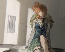 Rule 34 | 1girl, against wall, blue vest, feet out of frame, green eyes, green hairband, hairband, hat, hat on back, highres, holster, knee up, looking at viewer, lopera (reverse:1999), on ground, orange hair, reverse:1999, safety pin, shirt, shoulder holster, side ponytail, sidelighting, sitting, skirt, solo, straw hat, suna (sunasuna 3), vest, watermark, white shirt, white skirt
