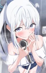 1girl blue_archive blue_bow blue_eyes blue_halo blue_one-piece_swimsuit blush bow closed_mouth frilled_one-piece_swimsuit frills hair_between_eyes hair_bow halo high_ponytail highres indoors kazu_(kauk3753) long_hair looking_at_viewer miyako_(blue_archive) miyako_(swimsuit)_(blue_archive) one-piece_swimsuit ponytail sidelocks solo standing swimsuit upper_body very_long_hair wet