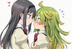 Rule 34 | 2girls, akemi homura, aki mabayu, black hair, blush, bow, eye contact, face-to-face, green hair, hair ornament, hairband, heart, juliet sleeves, kishimen hair, long hair, long sleeves, looking at another, magia record: mahou shoujo madoka magica gaiden, magical girl, mahou shoujo madoka magica, mitakihara school uniform, multiple girls, okasa re taii, profile, puffy sleeves, red bow, school uniform, scissors hair ornament, yuri