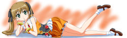 Rule 34 | 10s, 1girl, :o, absurdres, black ribbon, brown hair, derivative work, dog days, finger to mouth, gem, green eyes, hair ribbon, highres, legs, looking at viewer, lying, mary janes, on side, on stomach, orange skirt, parted lips, pearl (gemstone), rebecca anderson, ribbon, shoes, sigsig, skirt, twintails, vector trace, vest