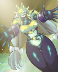 1girl armor black_bodysuit bodysuit breastplate breasts digimon digimon_(creature) facial_mark fox_mask gold_armor grass grey_hair highres large_breasts long_hair mas_square mask purple_lips reaching reaching_towards_viewer sakuyamon solo