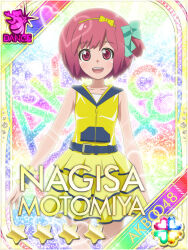 1girl akb0048 belt black_belt bow bow_hairband card_(medium) character_name collarbone copyright_name cowboy_shot dress green_bow hair_bow hairband heart looking_at_viewer motomiya_nagisa non-web_source official_art one_side_up open_mouth pink_hair red_eyes short_hair sleeveless sleeveless_dress solo standing star_(symbol) straight-on upper_body white_undershirt yellow_bow yellow_dress