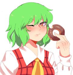1girl ascot blush collared_shirt donut eating food hanaarts holding holding_food kazami_yuuka long_sleeves looking_at_viewer one_eye_closed plaid_clothes plaid_vest portrait red_eyes shirt short_hair solo touhou vest white_background white_shirt yellow_ascot