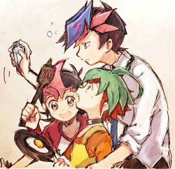 3boys aged_down ahoge apron black_hair blue_hair child colored_bangs egg frying_pan fujiki_yusaku green_eyes green_hair kurage2535 male_focus multicolored_hair multiple_boys pink_hair red_eyes red_hair sakaki_yuya short_hair spatula time_paradox tsukumo_yuma yu-gi-oh! yu-gi-oh!_arc-v yu-gi-oh!_vrains yu-gi-oh!_zexal yuu-gi-ou yuu-gi-ou_vrains yuu-gi-ou_zexal