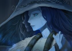 1girl absurdres blue_eyes blue_hair blue_skin brown_shirt closed_mouth colored_skin commentary cracked_skin elden_ring fur_jacket hand_on_own_shoulder hat highres jacket large_hat long_hair looking_at_viewer narut_(gurenarut) portrait ranni_the_witch shirt solo tunic witch_hat