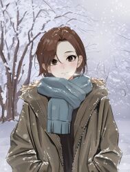 1girl absurdres asymmetrical_bangs blush breath brown_hair daiko_(dai1974910) forehead green_jacket green_scarf hands_in_pockets highres idolmaster idolmaster_cinderella_girls jacket light_smile looking_at_viewer mizuki_seira outdoors scarf short_hair snow snowing solo upper_body