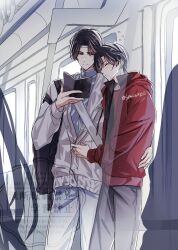 2boys 2others alternate_universe backpack bag bishounen black_hair black_pants black_shirt blue_pants blue_shirt book closed_eyes closed_mouth clothes_grab contemporary drawstring earrings hand_on_another&#039;s_back headband height_difference highres holding holding_book hood hood_down hooded_jacket hug jacket jewelry lan_wangji long_sleeves looking_at_another male_focus modao_zushi multiple_boys multiple_others official_alternate_costume official_alternate_hair_length official_alternate_hairstyle pants parted_bangs reading red_jacket semiusa1010 shirt short_hair shoulder_bag sleeping smile standing train_interior turtleneck twitter_username watermark wei_wuxian white_headband white_jacket white_pants yaoi yellow_eyes zipper