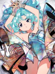 1990s_(style) 1girl arms_up blue_eyes blue_hair earrings frilled_leotard frills gloves highres holographic_clothing holographic_gloves jewelry leotard looking_at_viewer original retro_artstyle short_hair simple_background thick_eyebrows thighs_together yo-co