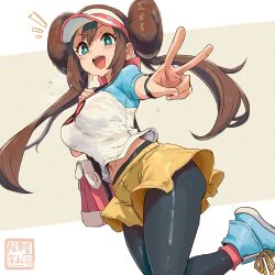 1girl absurdres bag black_pantyhose blue_eyes blush bracelet breasts brown_hair donut_hair_bun double_bun hair_bun hat highres ishijimajirou jewelry large_breasts long_hair looking_at_viewer navel nintendo open_mouth pantyhose pantyhose_under_shorts pokemon pokemon_bw2 raglan_sleeves rosa_(pokemon) shirt shorts shoulder_bag smile solo stomach sweat sweatdrop twintails v visor_cap yellow_shorts