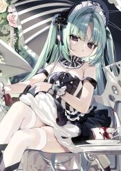 1girl aqua_hair bare_shoulders black_eyes blood bonnet breasts cross cup dress empty_eyes eshi_100_nin_ten expressionless flower highres lolita_fashion long_hair looking_at_viewer original pale_skin parasol rose saucer sitting small_breasts solo sunlight teacup thighhighs umbrella vampire very_long_hair white_thighhighs wings yamanasi_mikage zettai_ryouiki